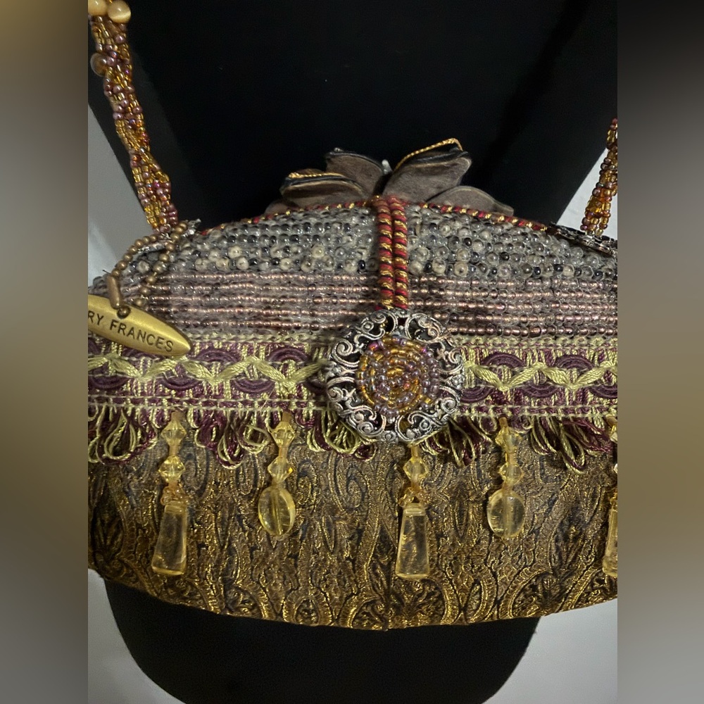 Mary Frances Gold and Burgundy Beaded Fringe Crossbody Clutch - Picture 9 of 16